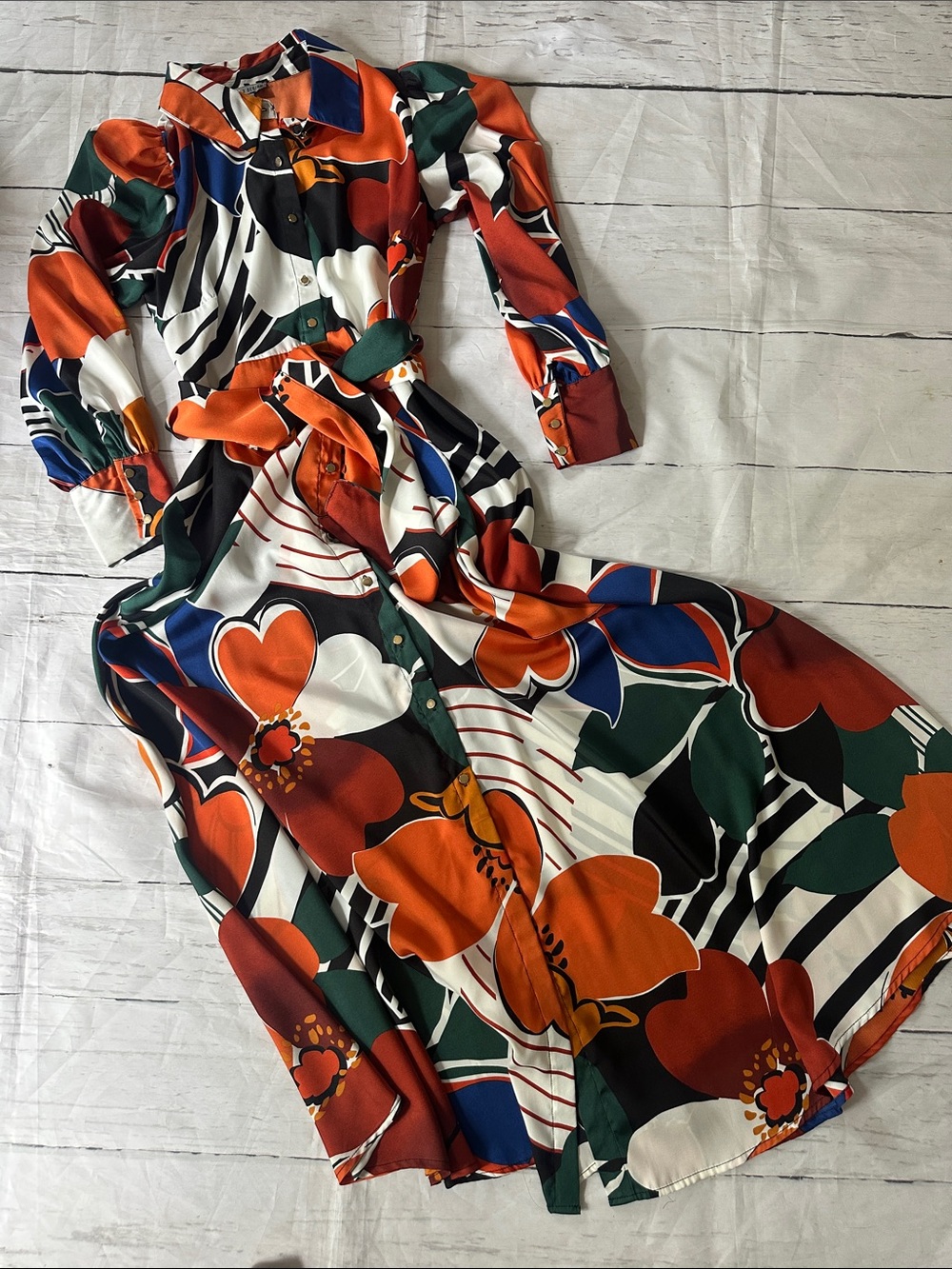 Love By Design Bold Floral Maxi Shirt Dress in Orange, Green & Blue